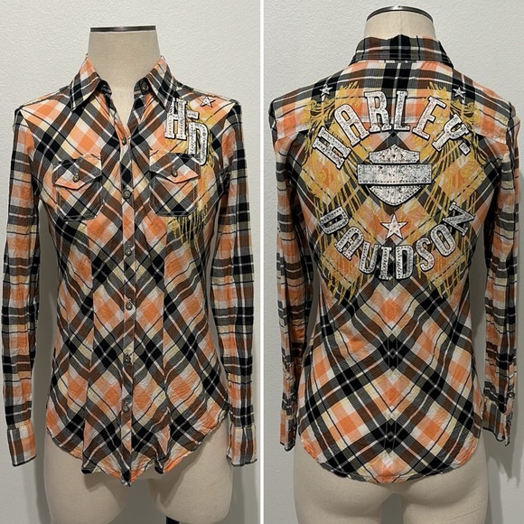 Harley-Davidson Tops - Harley-Davidson Women’s Orange and Black Plaid Shirt with Rhinestone Wing - XS